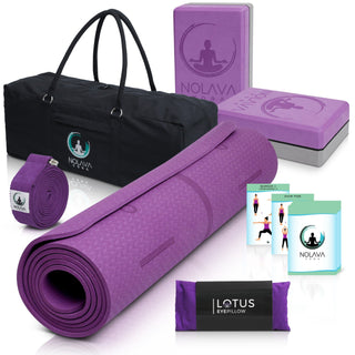 7 PIECE YOGA MAT SET INCLUDES 2 YOGA BLOCKS, 8 FOOT YOGA STRETCH STRAP, THICK ECO FRIENDLY TPE YOGA MAT,LAVENDER WEIGHTED EYE PILLOW, SET OF YOGA INSTRUCTION CARDS, LARGE MULTI ZIP YOGA BAG  