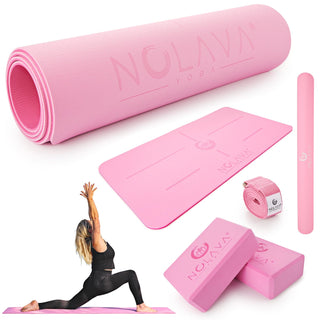 Nolava Designs NOLAVA 6-Piece Pink TPE Yoga Mat Set with Knee Pad Cushion, Yoga Blocks, Stretch Strap & Mat Slap Band – The Ultimate Yoga Bundle for Comfort, Style, and Motivation Yoga