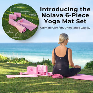 Nolava Designs NOLAVA 6-Piece Pink TPE Yoga Mat Set with Knee Pad Cushion, Yoga Blocks, Stretch Strap & Mat Slap Band – The Ultimate Yoga Bundle for Comfort, Style, and Motivation Yoga